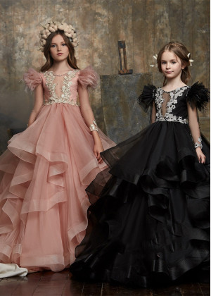 Feifei Sleeves Beaded Lace Tulle Waterfall Ruffle Flower Girl Dress